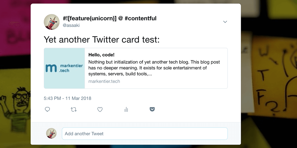 Screenshot of my first Twitter card for the previous blog post »Hello, code!« (https://twitter.com/asaaki/status/972875567132528641)