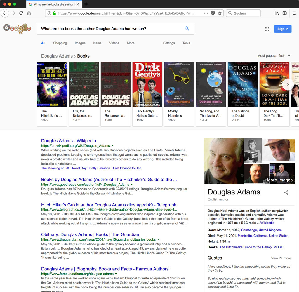 Google.com search results for 'What are the books the author Douglas Adams has written?'