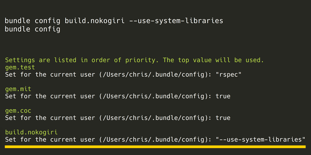 Solves almost all of your problems: bundle config build.nokogiri --use-system-libraries && bundle install