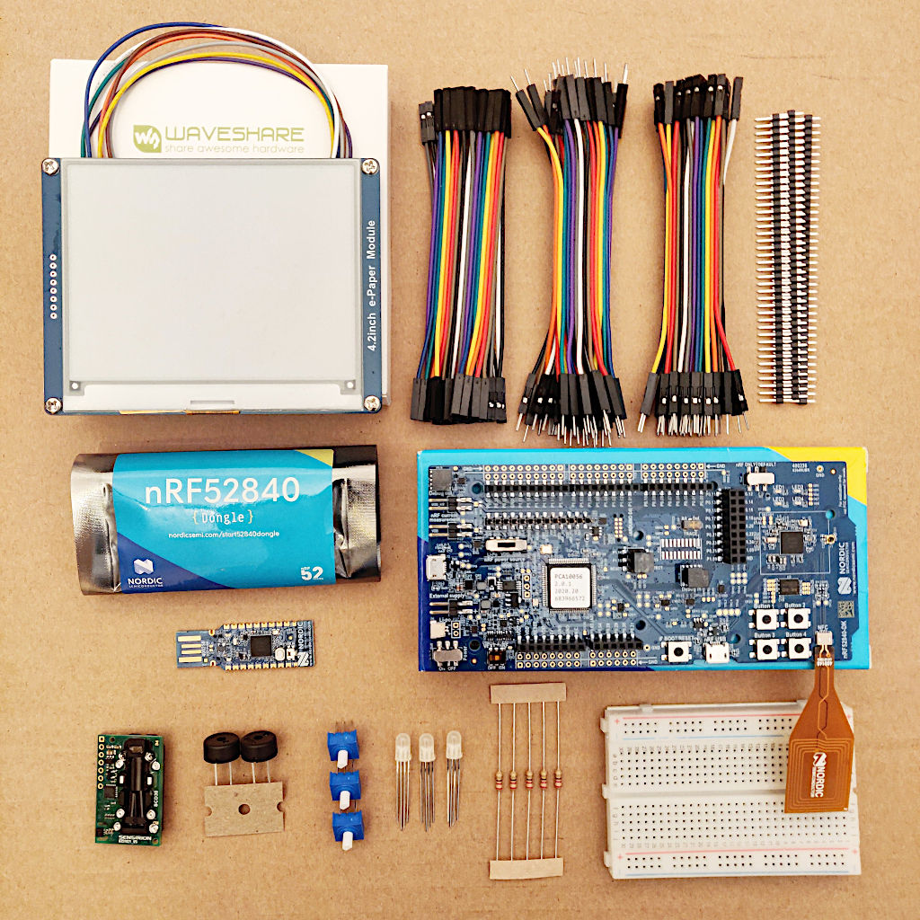 nRF52840 development kit + dongle, plus some more components for the session